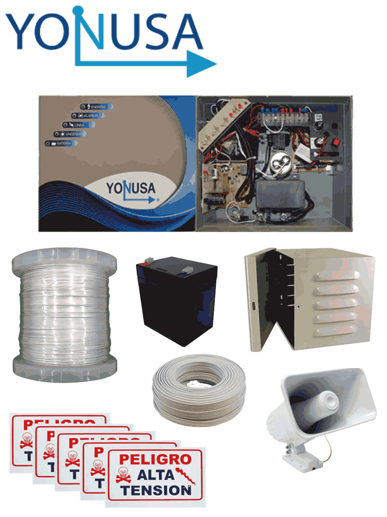 YONUSA PACK127AF -Paquete de energizador de alta frecuencia con interface/ Sirena y gabinete metálico/ Bobina de alambre 500 mts/ Bobina cable bujía/ batería y 5 letrero