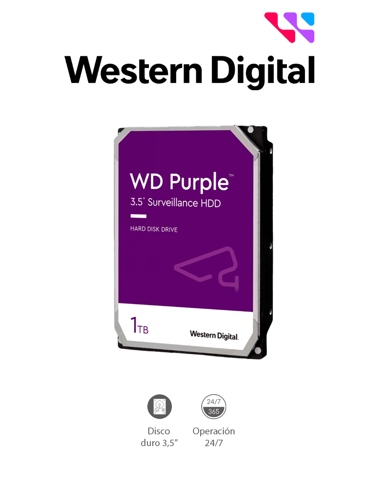 WESTERN WD10PURZ - Disco Duro de 1TB Purple/ Especial Para Videovigilancia/ Trabajo 24/7/ Interface: Sata 6 Gb/s/ Hasta 64 Cámaras/ Hasta 8 Bahías de Discos Duros/ 3 Años de Garantía/#HotsaleWD