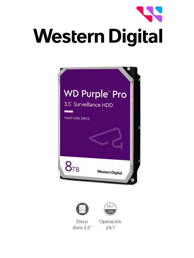 WESTERN WD8001PURP - Disco Duro de 8TB Purple PRO/ Especial para Videovigilancia con IA/ Tecnología IA AllFrame/ Interface: Sata 6 Gb/s/ Cache 256 MB/ Hasta 64 Cámaras/ 32 Secuencias de IA para Análisis de Aprendizaje Profundo/