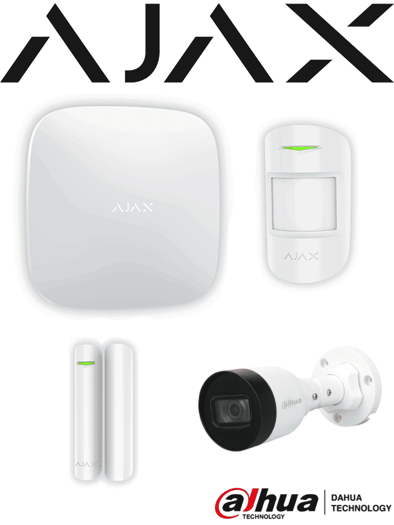 AJAX+DAHUA Integra KIT 2- Paquete de Alarma Inalámbrica AJAX Hub2Plus conexión Ethernet / WiFi / LTE, Sensor PIR , Sensor Magnético y Cámara Dahua IP Bala de 2 MP Lente de 2.8mm IR de 30 Mts IP67 DWDR. Integración de cámaras Dahua mediante APP AJAX