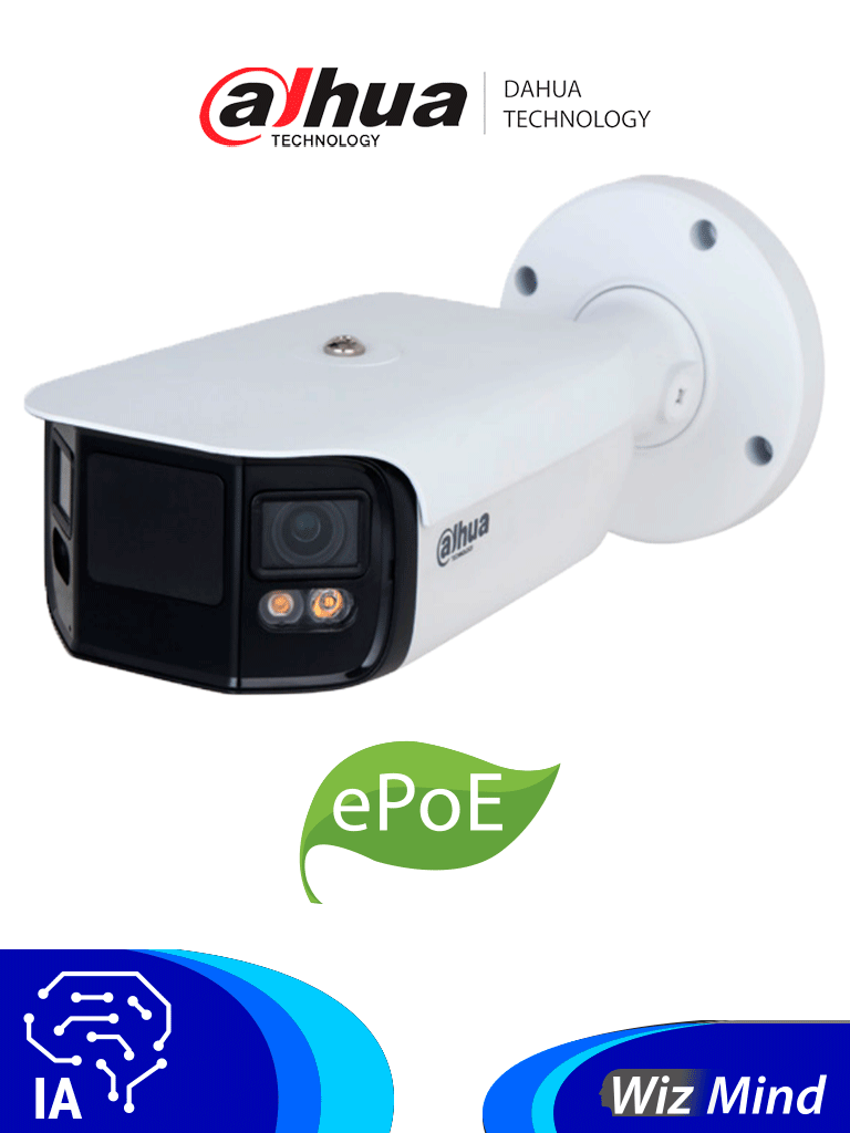 Dahua IPC-PFW5849-A180-E2-ASTE - Cámara IP Bullet 4k/ 2x4 megapíxeles/ Codec H.265/ Full Color/ Led de 40m/Angulo de Visión 180°/ ROI/ WDR/ E&S Audio y alarma/ SMD 4.0/ IP67