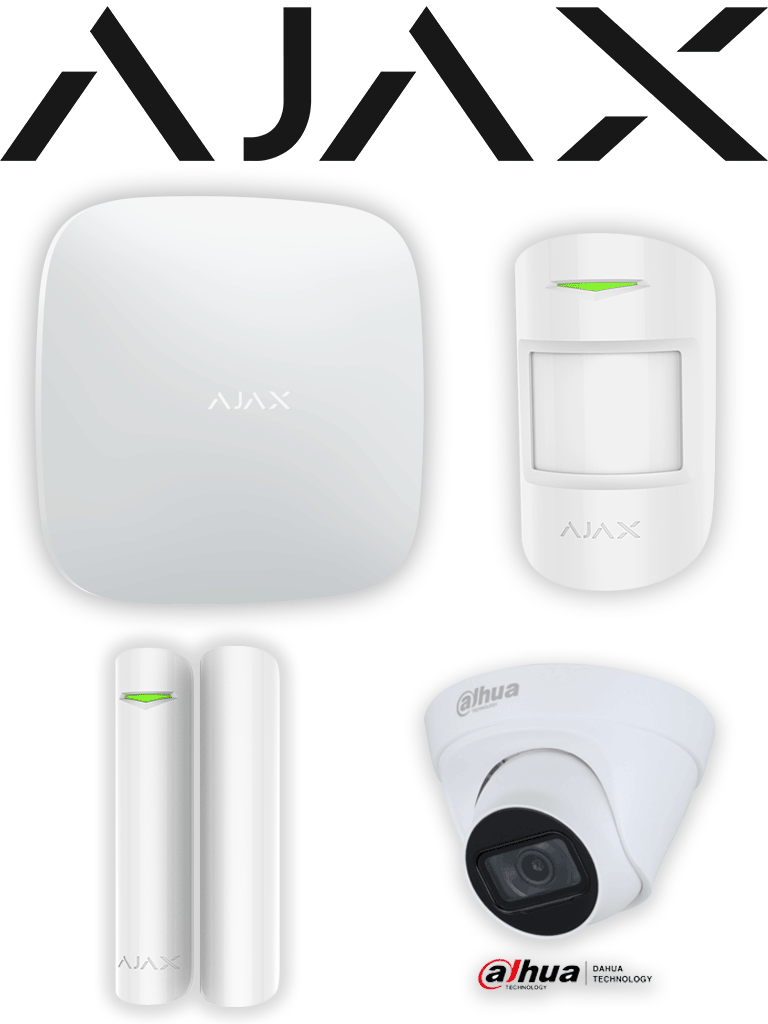 AJAX+DAHUA  Integra KIT  - Paquete de Alarma Inalámbrica AJAX Hub2Plus conexión Ethernet / WiFi / LTE, Sensor PIR , Sensor Magnético y  Cámara Dahua IP Domo de 2 MP Lente de 2.8mm IR de 30 Mts IP67 DWDR. Integración de cámaras Dahua mediante APP AJAX 