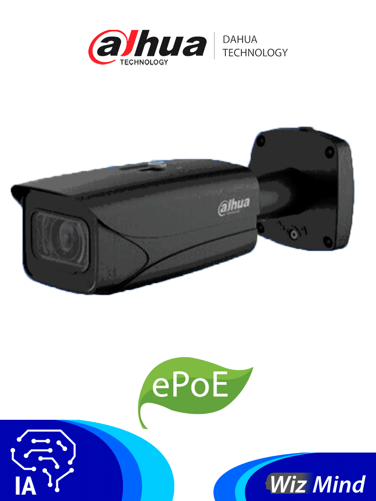 DAHUA IPC-HFW5442E-ZE - Camara IP Bullet de 4 Megapixeles/ Color Negro/ Inteligencia Artificial/ H.265+/ WDR 140 dB/ Lente Motorizado de 2.7 a 12mm/ IR 50 Mts/Deteccion de Rostros/Protección Perimetral/Conteo de Personas/IP67/IK10/ePoE/#Black