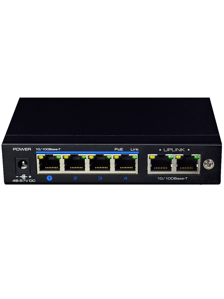 UTEPO UTP3SW04TP60 - Switch PoE de 6 Puertos Fast Ethernet/ 4 Puertos PoE/ 60 Watts Totales/  2 Puertos Uplink/ 802.3 AF&AT/ No administrable/ Modo CCTV/ #TERROR