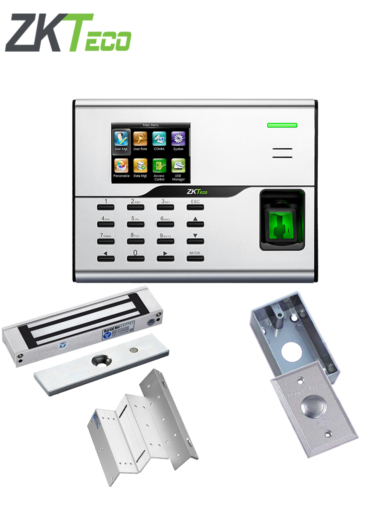 ZKTECO UA860PAK - Control de acceso y asistencia con huella y tarjetas ID, incluye chapa magnetica de 280 Kg con indicador LED, soporte ZL de fijacion y boton de salida